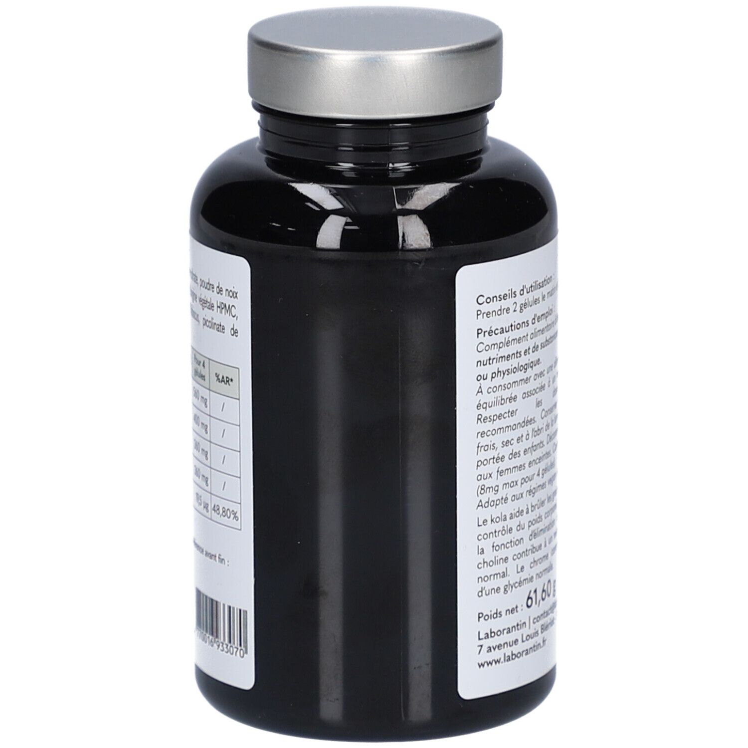 Flacon noir, bouchon argenté. Dos avec texte. Inscription: 61,60 g. Adresse Laborantin.