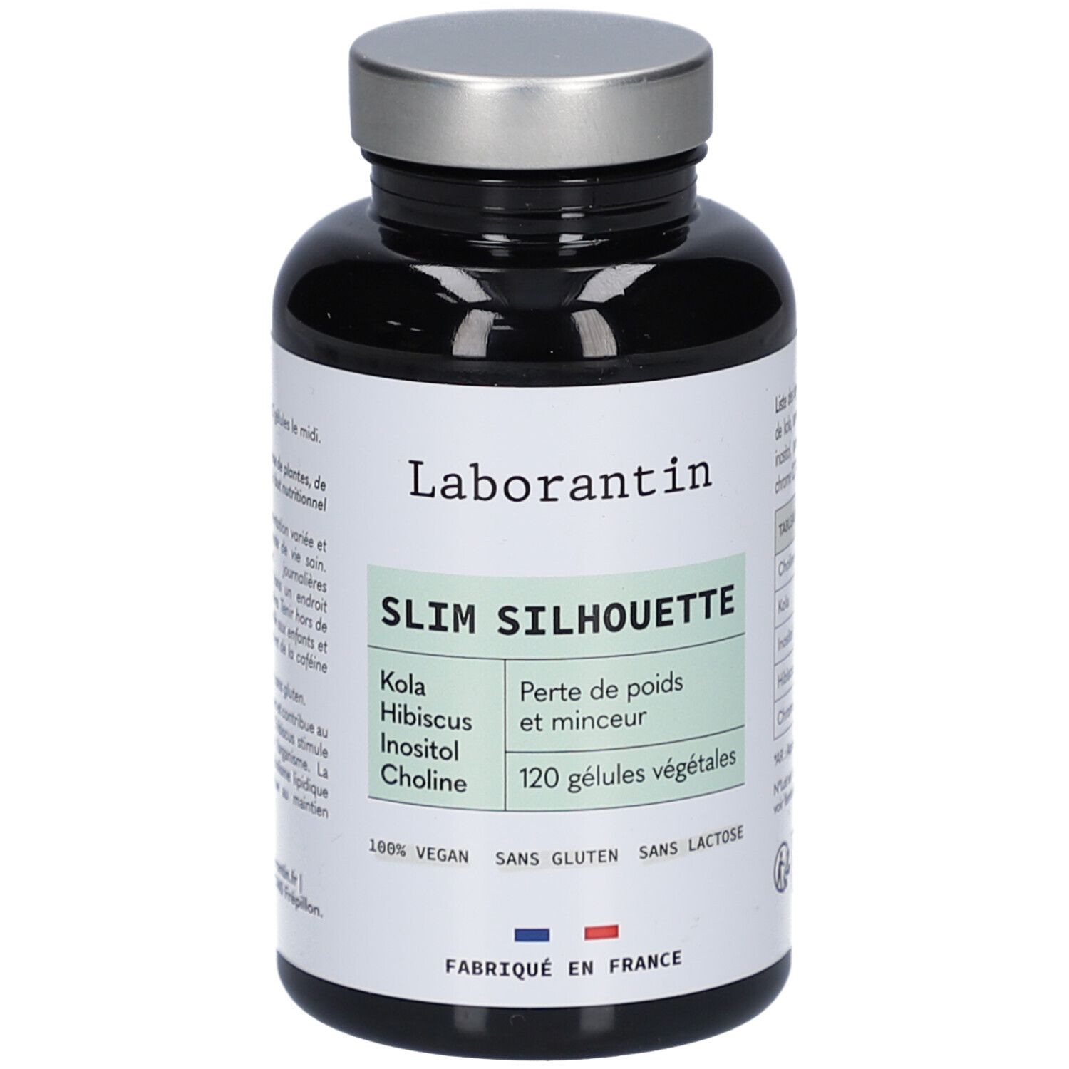 Flacon noir, bouchon argenté. Inscription: Laborantin, Slim Silhouette, 120 gélules. Vegan, sans gluten, sans lactose.
