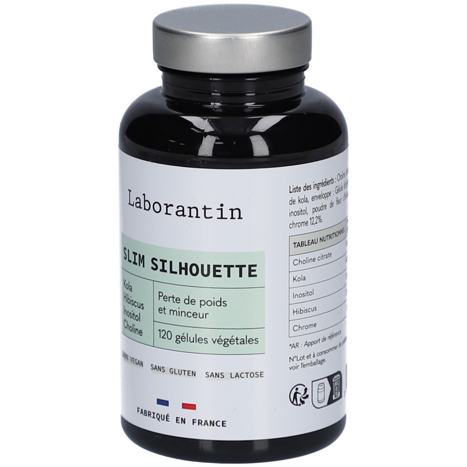 Flacon noir, bouchon argenté. Inscription: Laborantin, Slim Silhouette, 120 gélules. Vegan, sans gluten, sans lactose. Ingrédients.