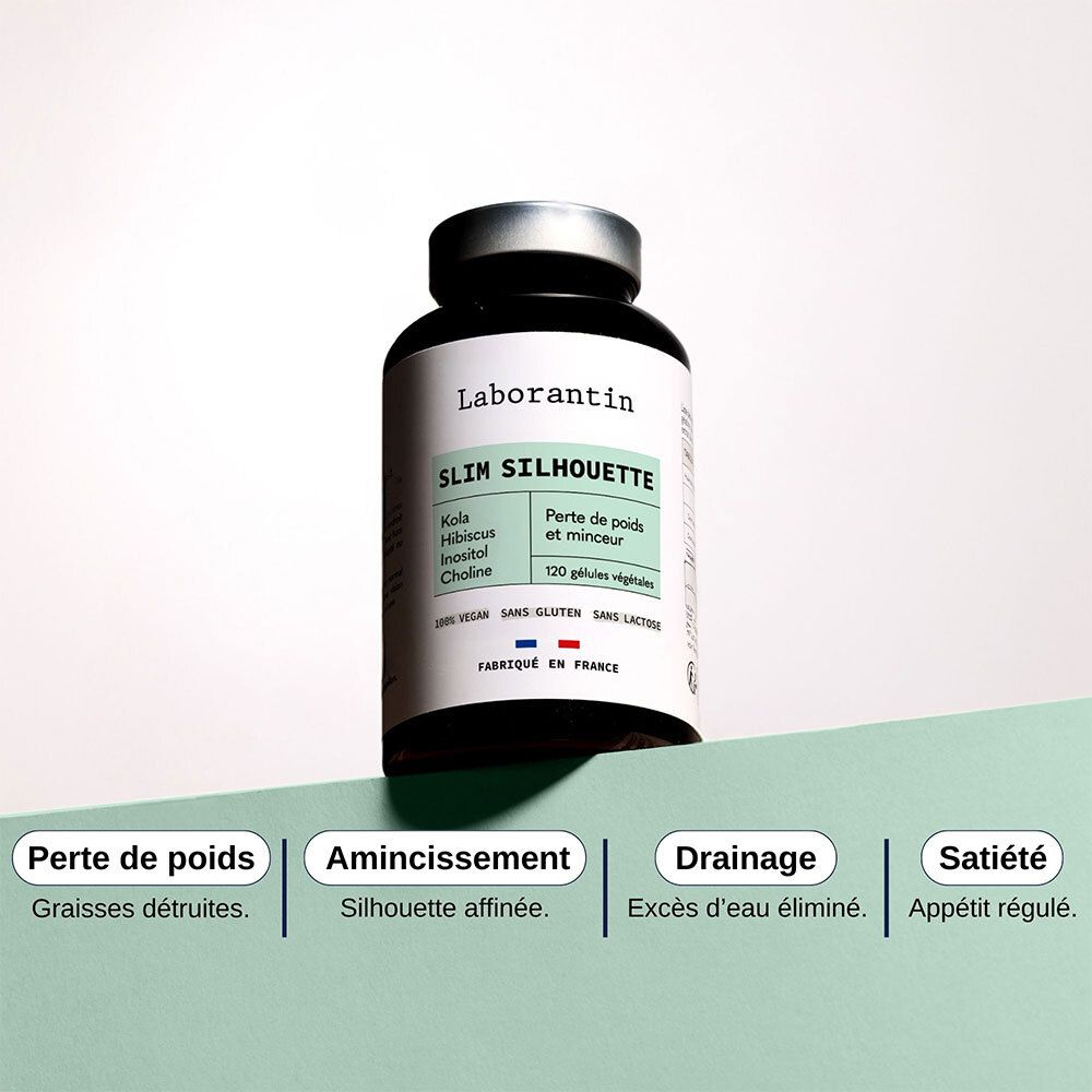 Flacon noir Slim Silhouette. Ingrédients : Kola, Hibiscus, Inositol, Choline. 100 gélules végétales. Fabriqué en France. Sans gluten, sans lactose.