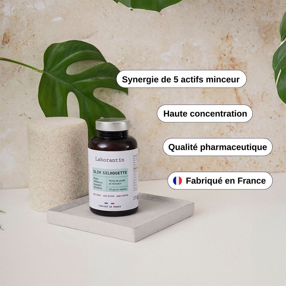 Flacon noir Slim Silhouette. Texte : Synergie de 5 actifs minceur, haute concentration, qualité pharmaceutique, Fabriqué en France.
