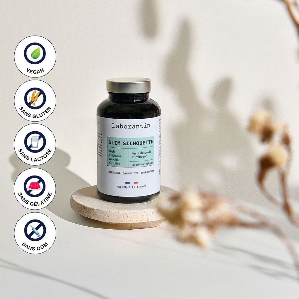 Flacon noir Slim Silhouette. Texte : Vegan, sans gluten, sans lactose, sans gélatine, sans OGM. Fabriqué en France.