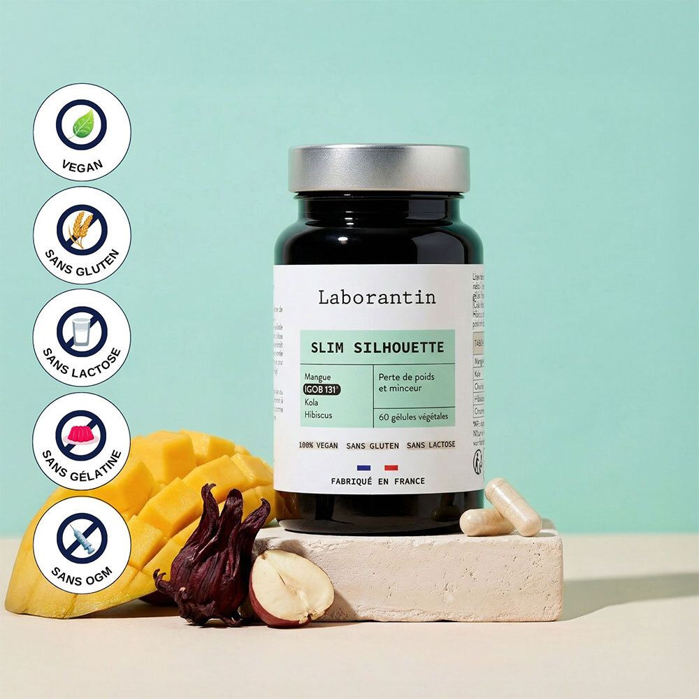 Femme avec mètre ruban. Flacon Laborantin Slim Silhouette. Citation: J'ai fondu de 2,8 kg et ma silhouette est redessinée.