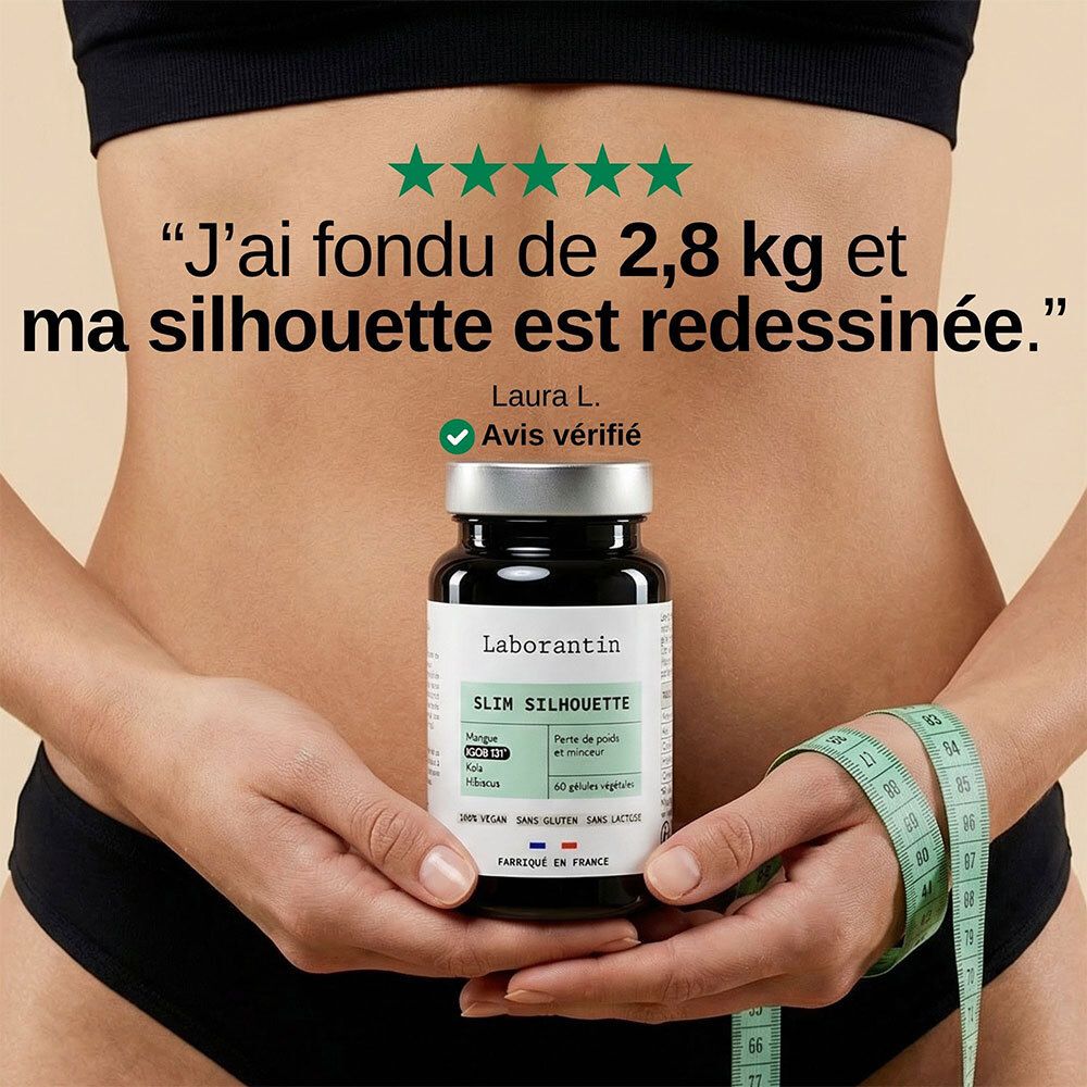 Femme avec mètre ruban. Flacon Laborantin Slim Silhouette. Citation: J'ai fondu de 2,8 kg et ma silhouette est redessinée.