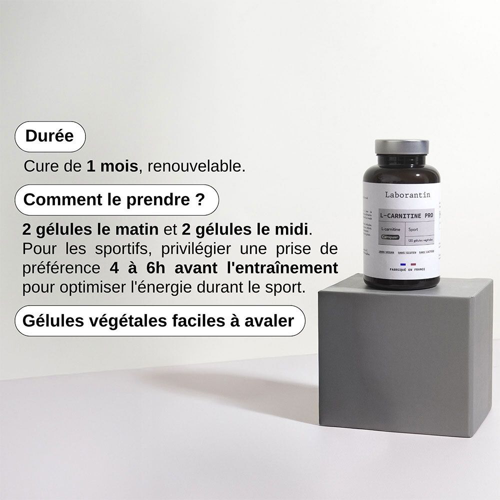 Flacon avec instructions: 2 gélules matin et midi. Texte en français.