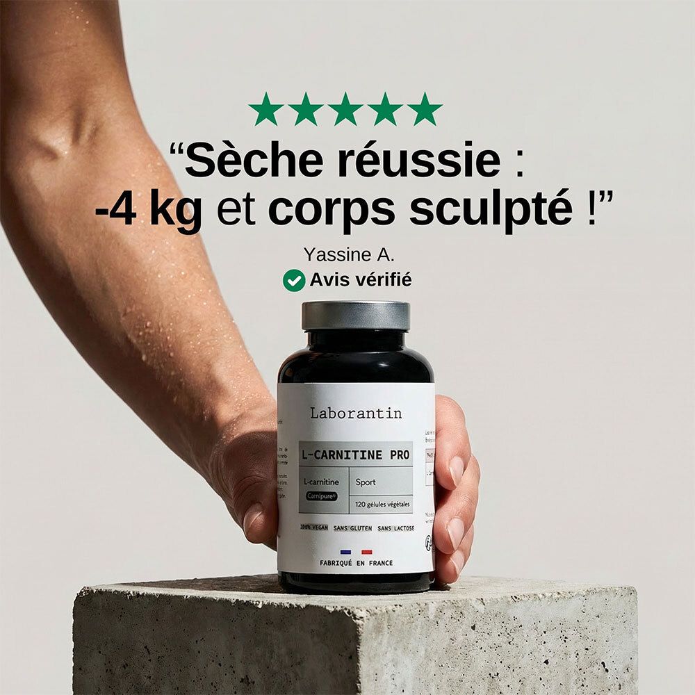 Flacon noir Laborantin L-Carnitine Pro. Texte: L-Carnitine, Carnipure®, 120 gélules. Vegan, sans gluten, sans lactose.