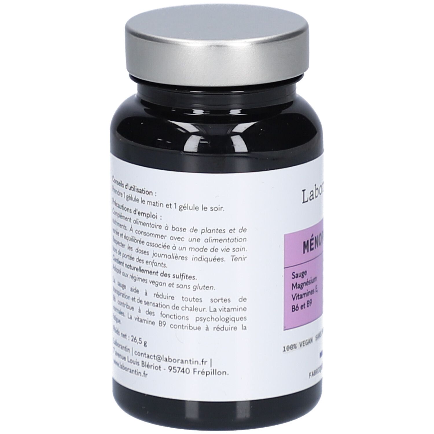 Dos du flacon. Texte avec conseils d'utilisation, précautions et ingrédients. Vegan, sans hormones, sans gluten.