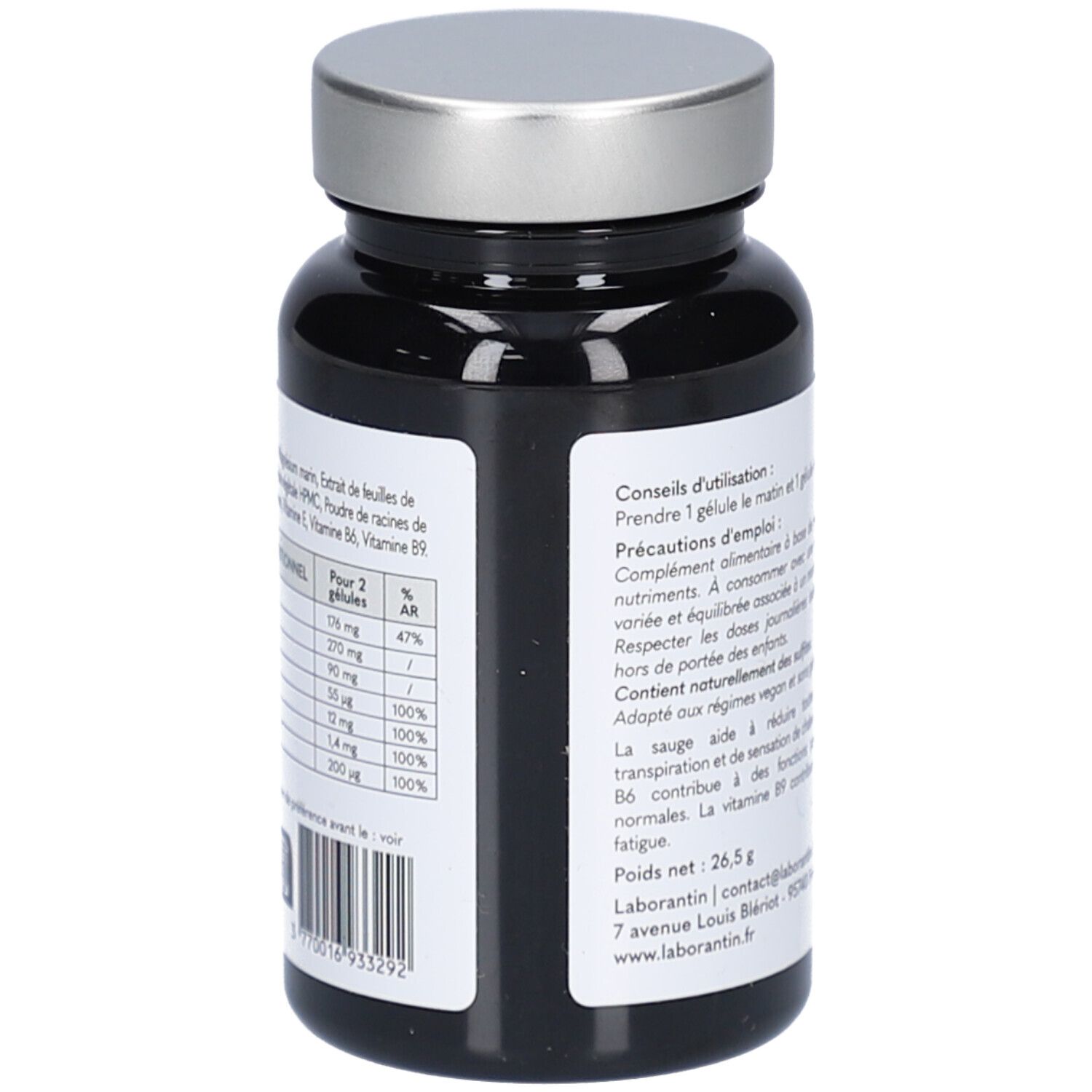 Dos du flacon. Tableau nutritionnel et ingrédients. Vegan, sans hormones, sans gluten. Poids net : 26,5 g.