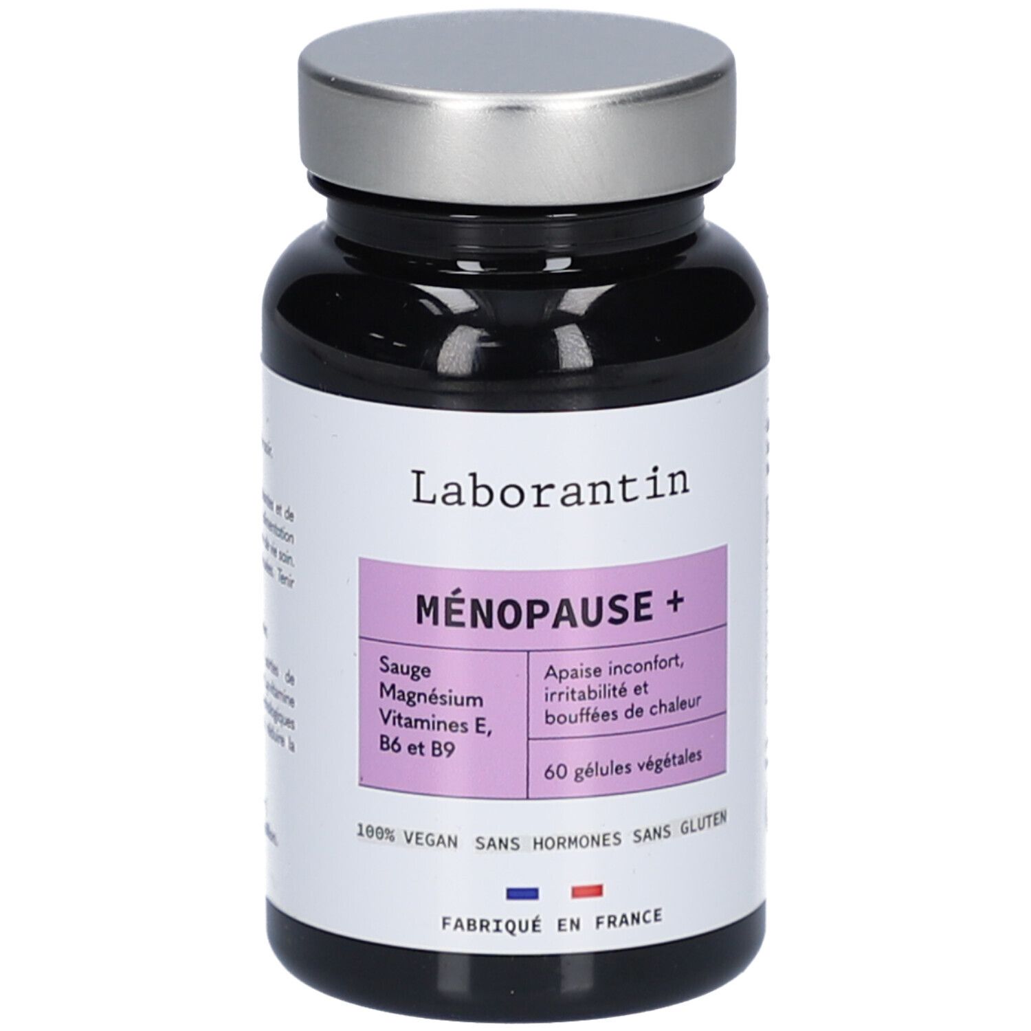 Flacon noir, bouchon argenté. Étiquette Ménopause +, ingrédients, 60 gélules, vegan, sans gluten. Fabriqué en France.