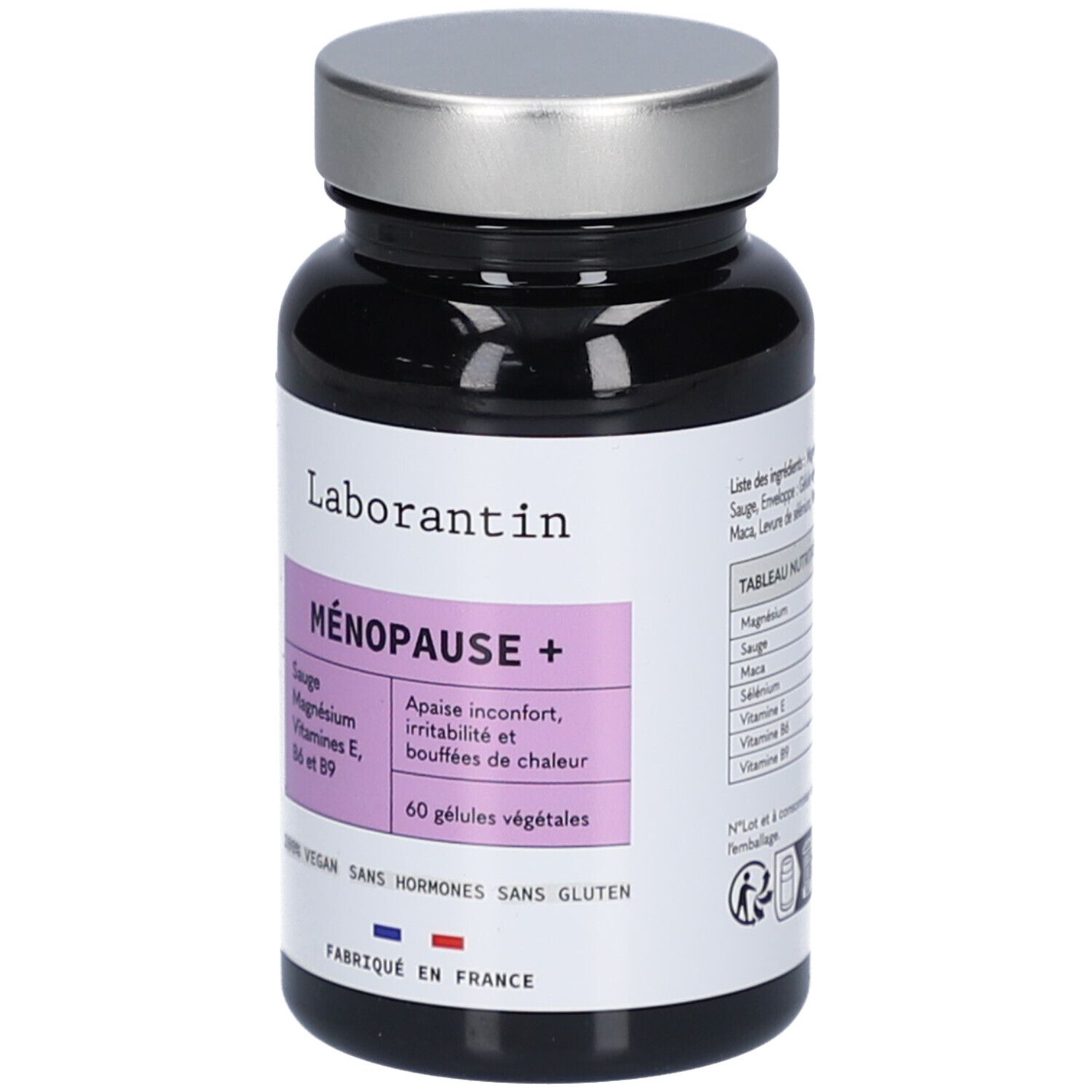 Flacon noir, bouchon argenté. Étiquette Ménopause +, ingrédients, 60 gélules, vegan, sans gluten. Fabriqué en France.