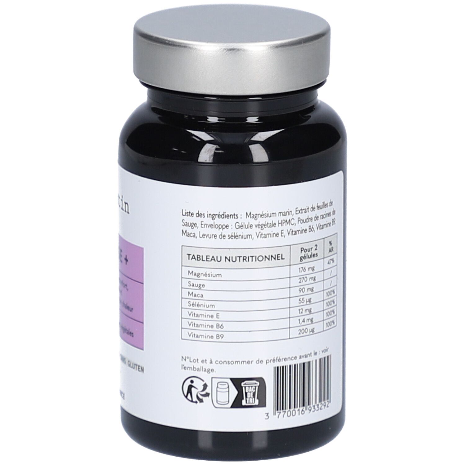 Dos du flacon. Tableau nutritionnel et ingrédients. Vegan, sans hormones, sans gluten. Poids net : 26,5 g.