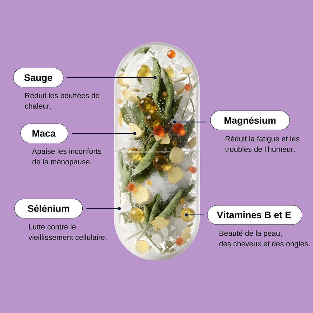 Coupe d'une gélule avec ingrédients: Sauge, Maca, Sélénium, Magnésium, Vitamines B & E. Légendes.