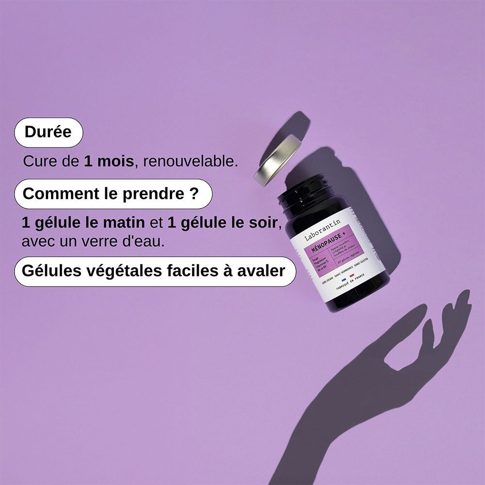 Flacon avec nom et détails d'utilisation. Ombre d'une main. Texte: prise, posologie.
