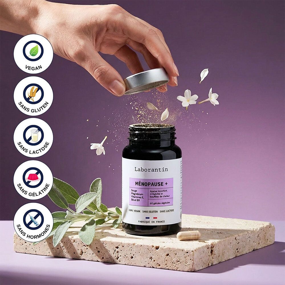 Flacon Laborantin Ménopause+ avec logos: Vegan, Sans Gluten, Sans Lactose, Sans Gélatine, Sans Hormones.