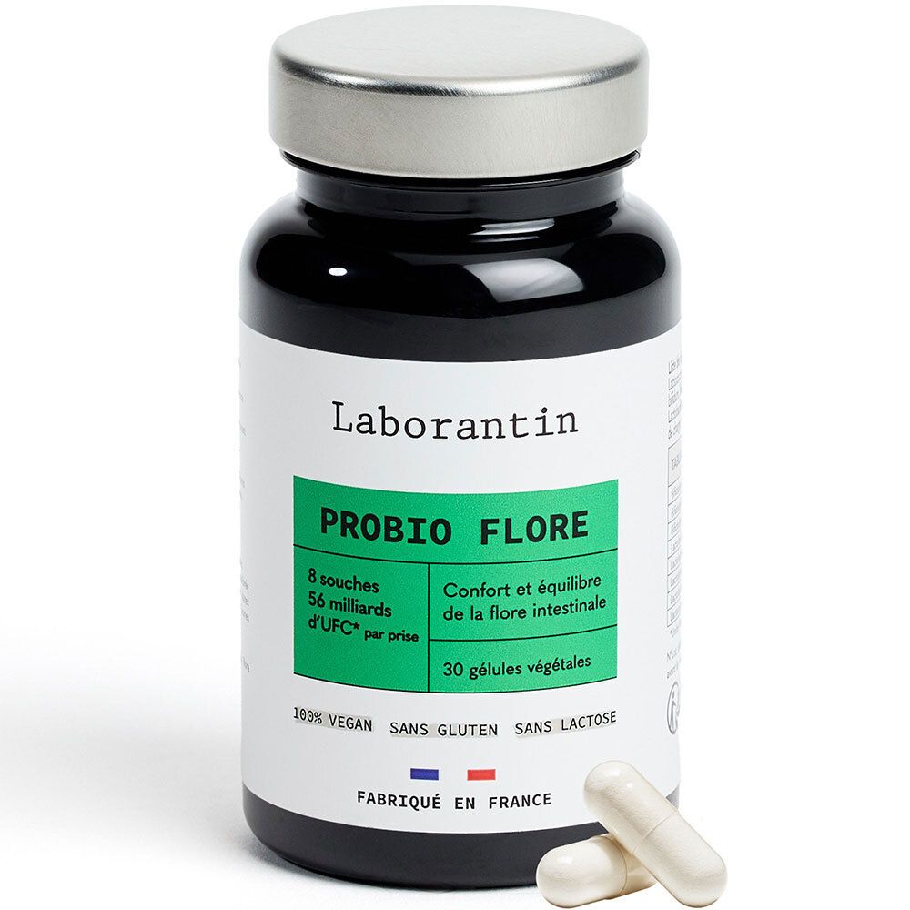 Flacon noir avec étiquette blanche. Inscription: Laborantin, PROBIO FLORE. 30 gélules. Vegan, sans gluten, sans lactose.