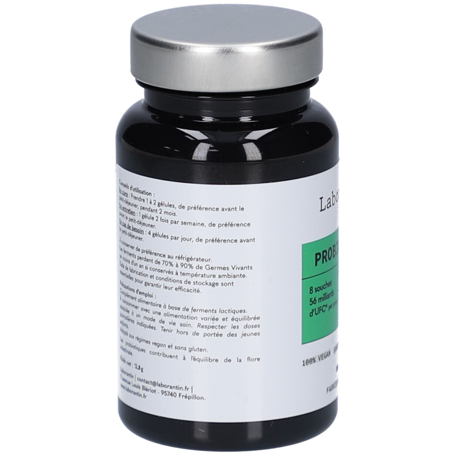 Flacon noir avec bouchon argenté. Étiquette avec informations d'utilisation et ingrédients. Fabriqué en France. Vegan, sans gluten, sans lactose.