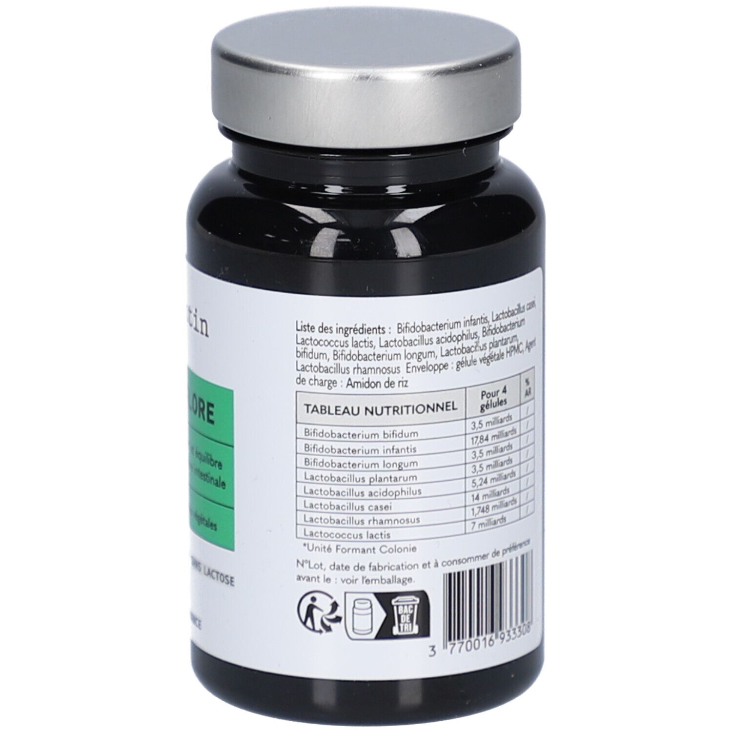 Flacon noir avec bouchon argenté. Étiquette avec ingrédients et tableau nutritionnel. Fabriqué en France. Vegan, sans gluten, sans lactose.