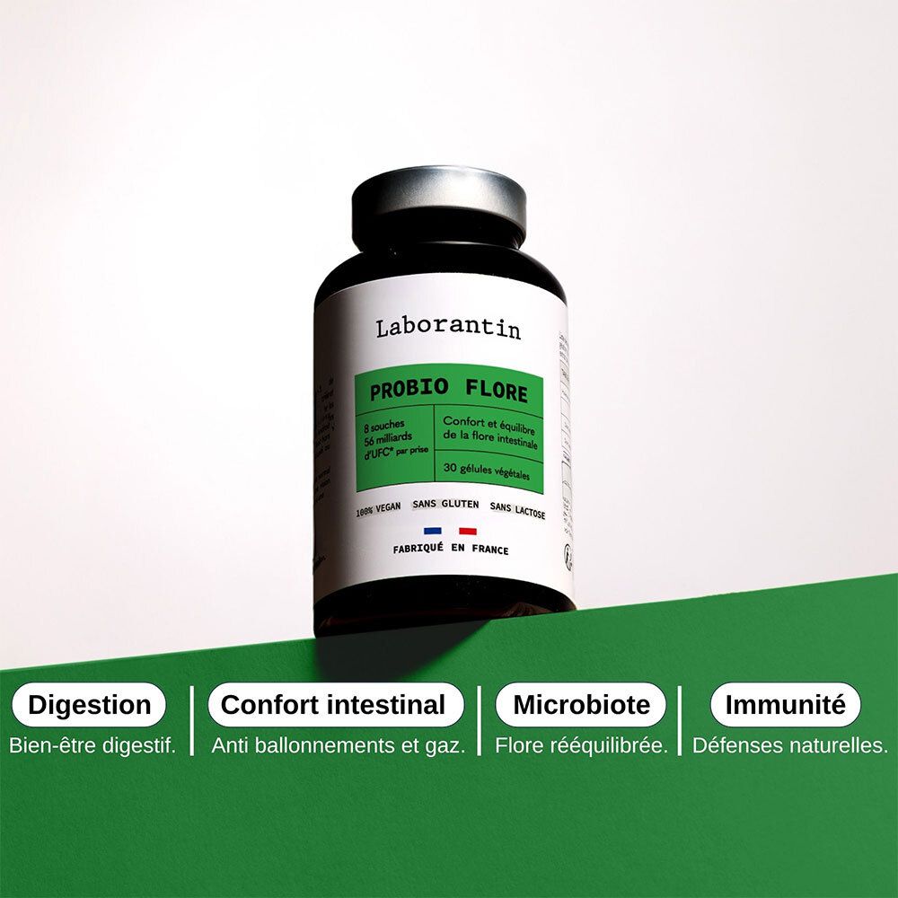 Flacon PROBIO FLORE sur fond vert. Mots: Digestion, Confort intestinal, Microbiote, Immunité. Texte en français.
