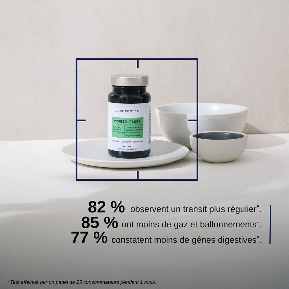 Flacon PROBIO FLORE sur une assiette. Texte: 82% transit plus régulier, 85% moins de gaz, 77% moins de troubles digestifs.