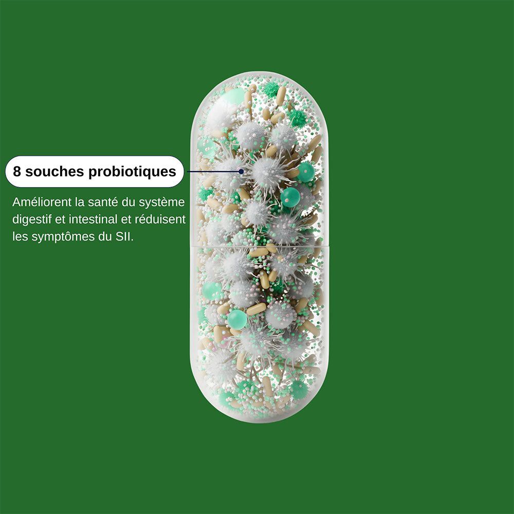 Gélule avec bactéries. Texte: 8 souches probiotiques. Améliore la santé digestive et réduit les symptômes du SII.