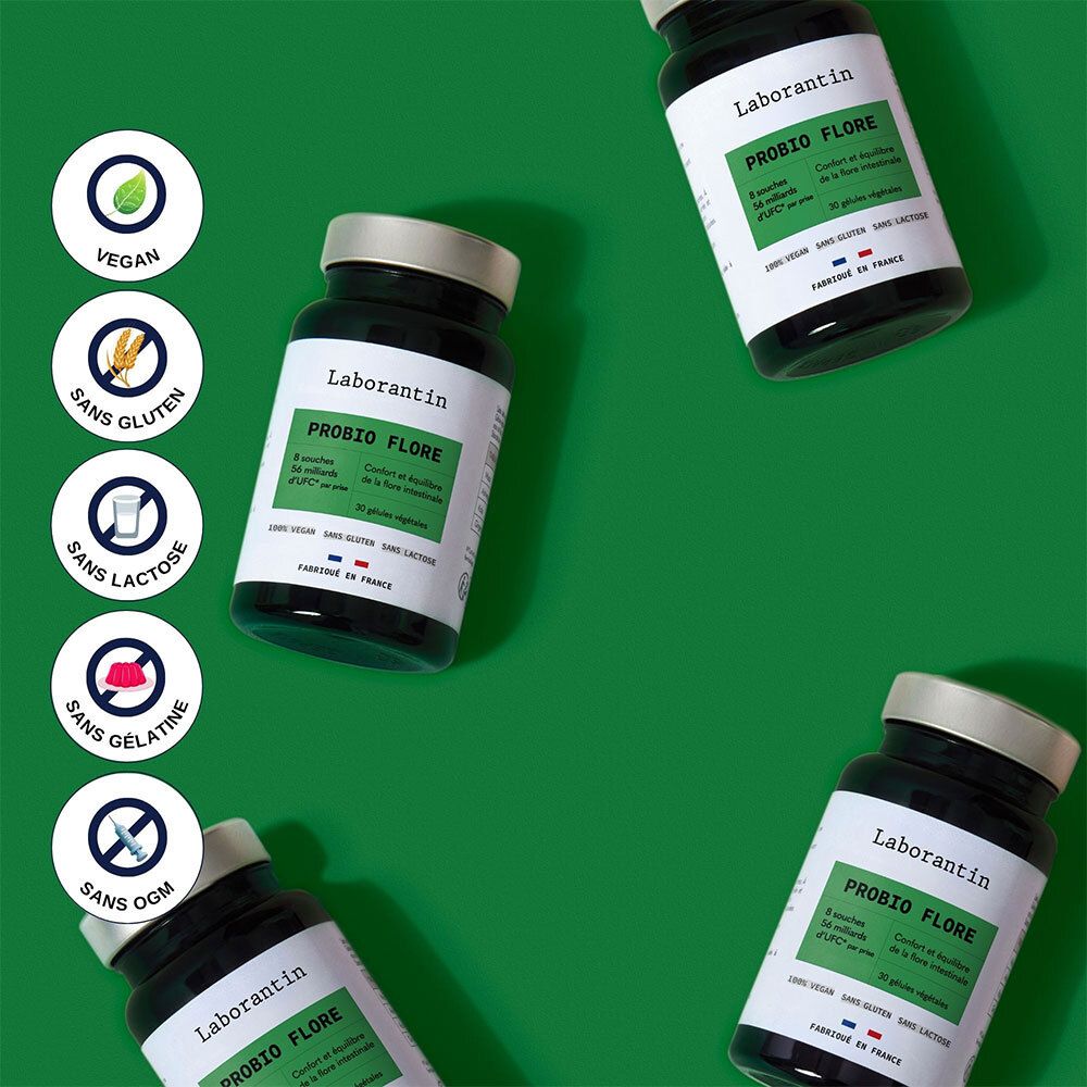 Plusieurs flacons PROBIO FLORE. Symboles: Vegan, sans gluten, sans lactose, sans gélatine, sans OGM.
