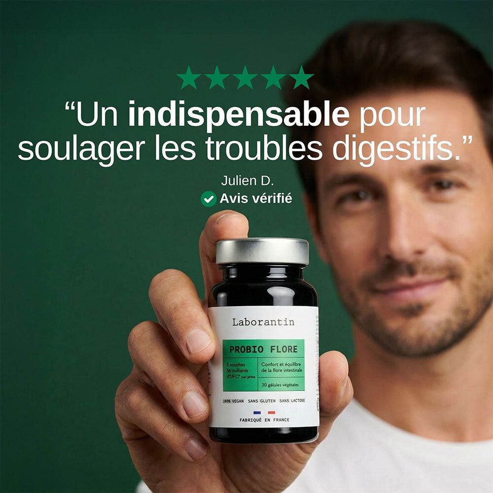 Homme tenant le flacon "Laborantin Probio Flore". Citation: "Indispensable pour soulager les troubles digestifs." Julien D., avis vérifié.