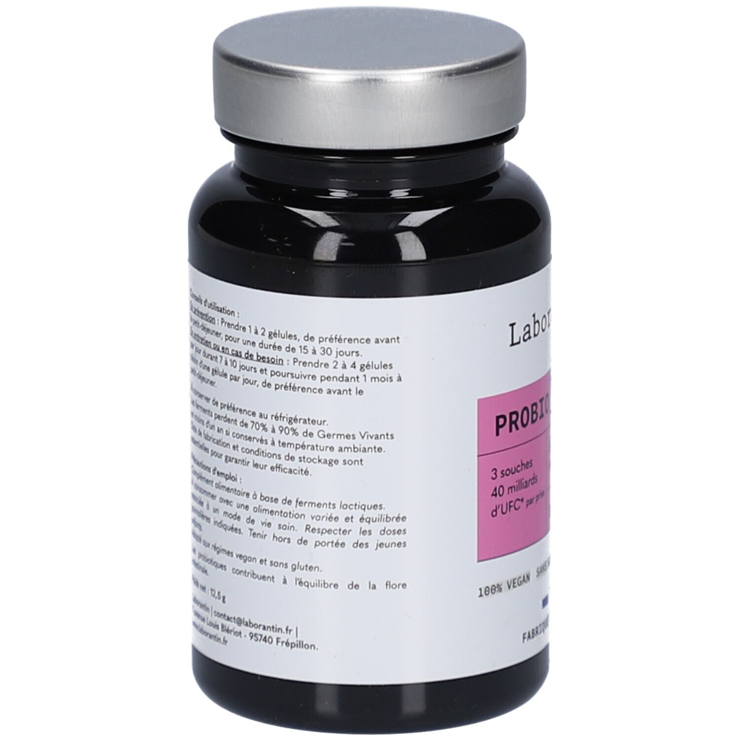 Dos du flacon noir avec bouchon argenté. Informations textuelles sur une étiquette blanche. Détails d'utilisation et ingrédients.