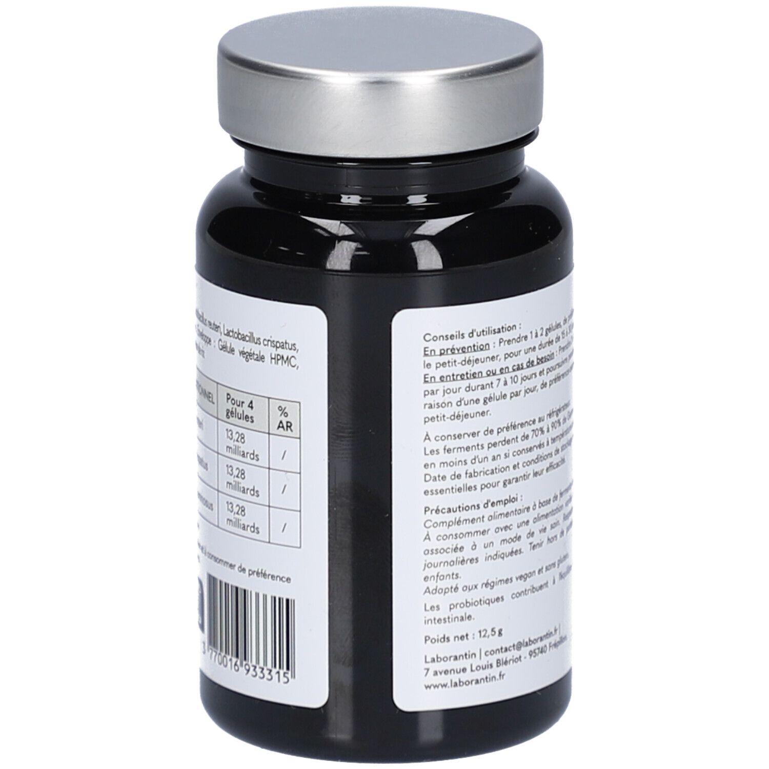 Dos du flacon noir avec bouchon argenté. Étiquette avec informations nutritionnelles et ingrédients. Texte en français.