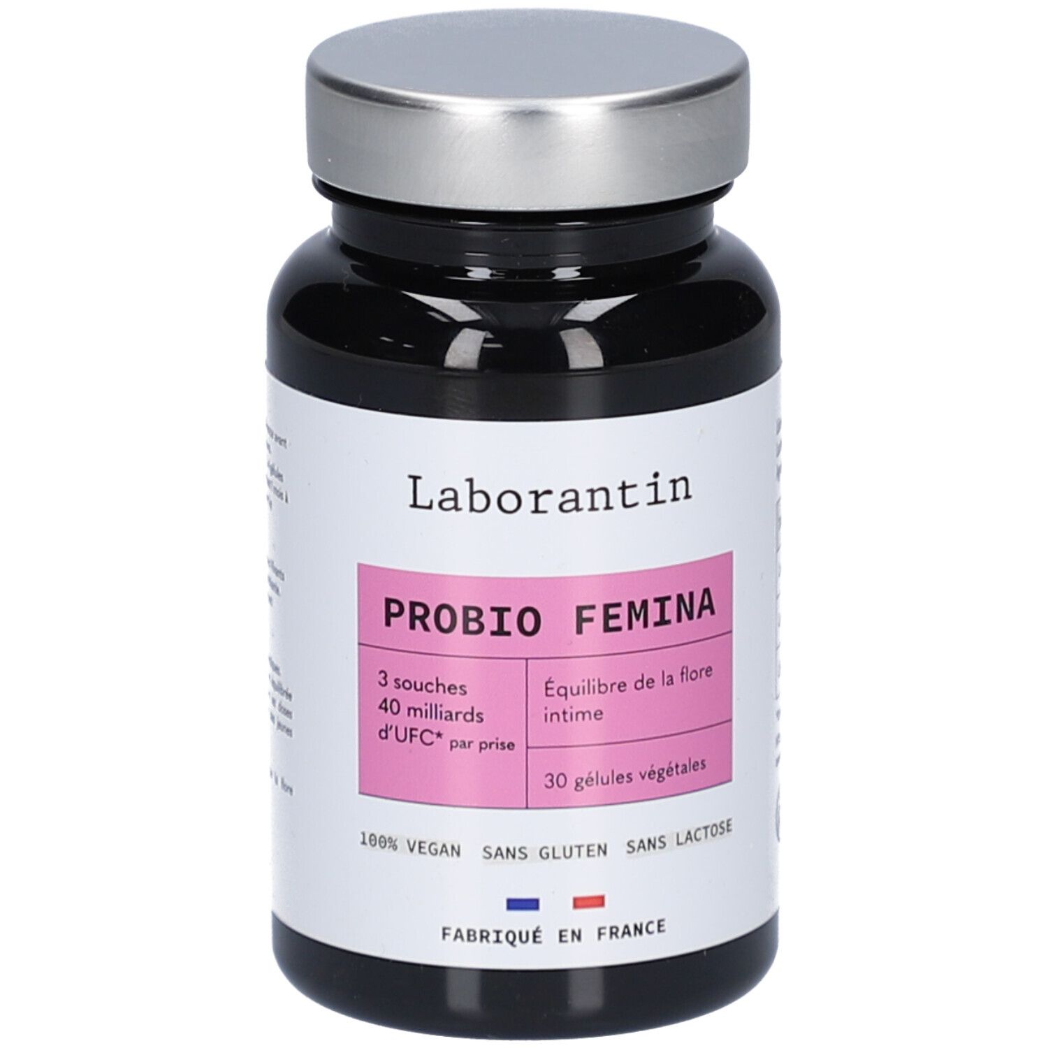 Flacon noir avec bouchon argenté. Étiquette rose avec "Laborantin", "PROBIO FEMINA". Contient 30 gélules végétales.