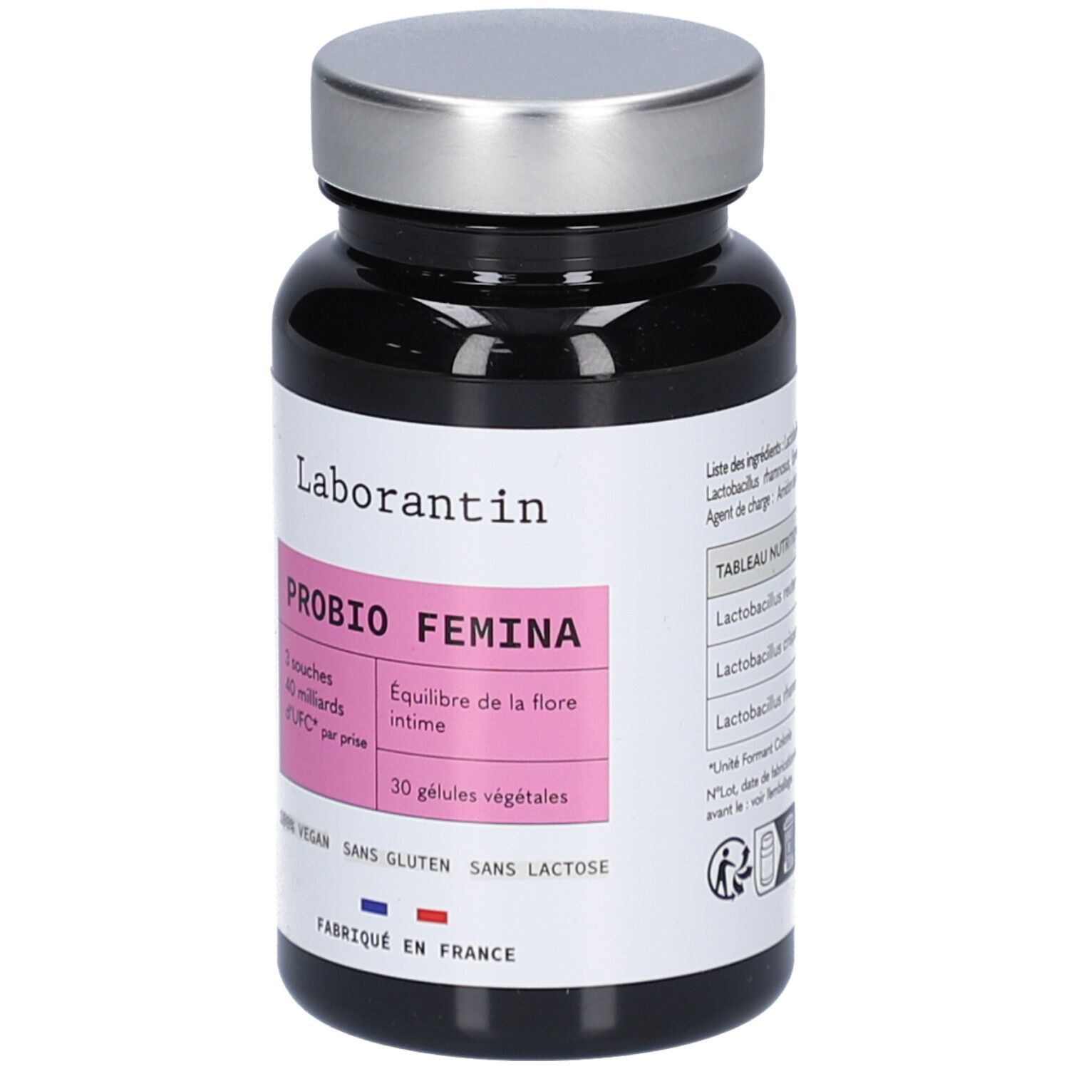 Flacon noir avec bouchon argenté. Étiquette rose avec "Laborantin", "PROBIO FEMINA". Contient 30 gélules végétales.