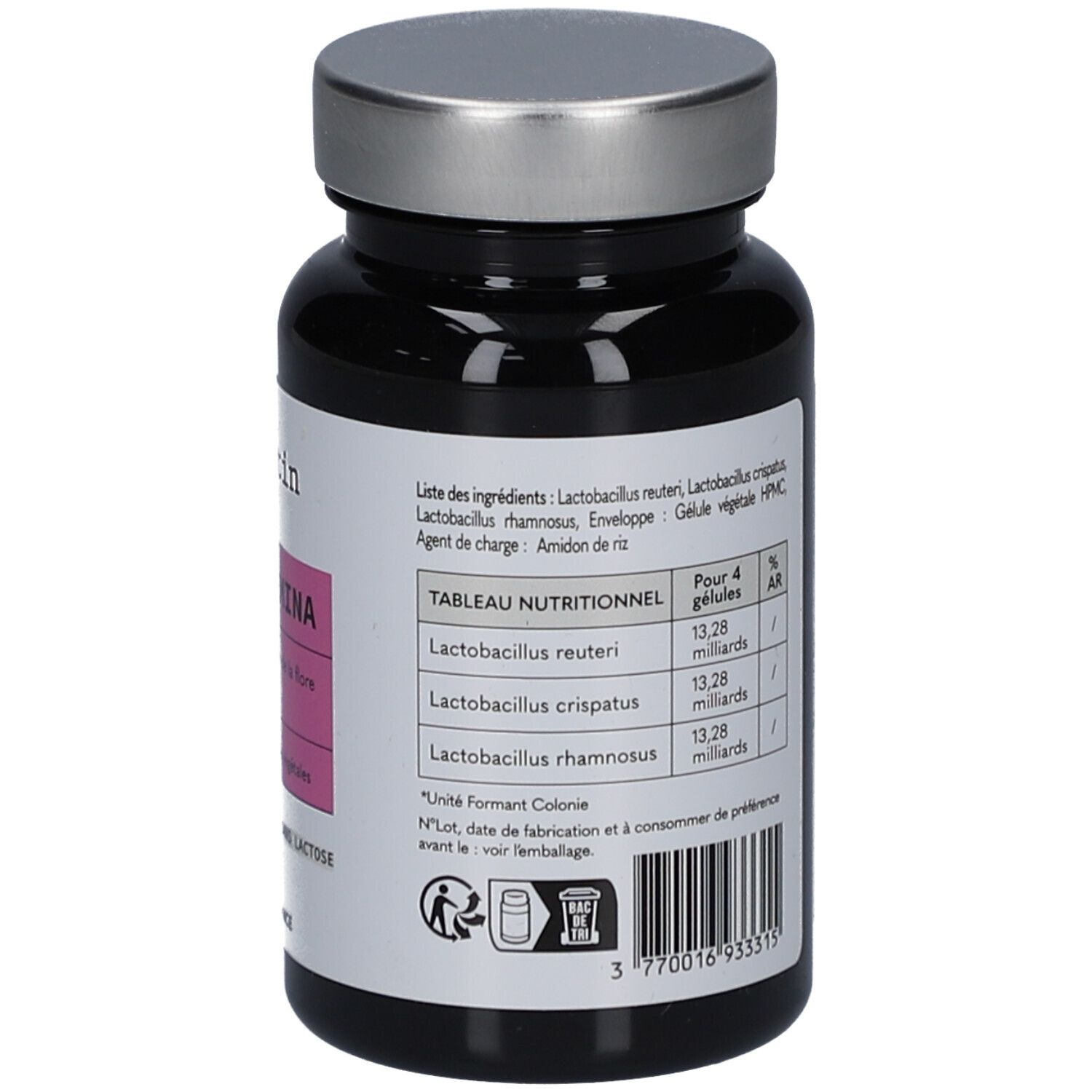 Dos du flacon noir avec bouchon argenté. Étiquette avec informations nutritionnelles et ingrédients. Texte en français.