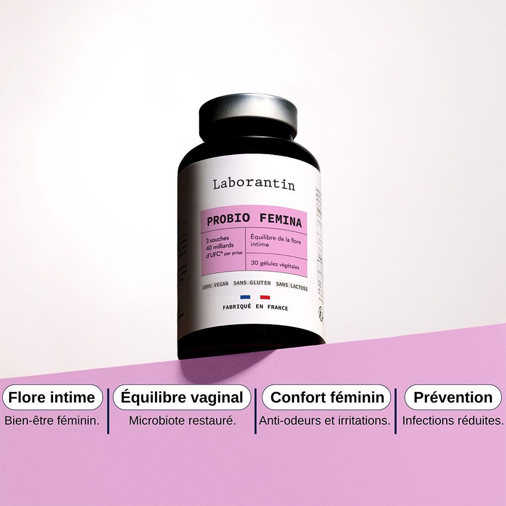 Flacon PROBIO FEMINA. Texte: Flore intime, Équilibre vaginal, Confort féminin, Prévention. Vegan, sans gluten, sans lactose. Fabriqué en France.