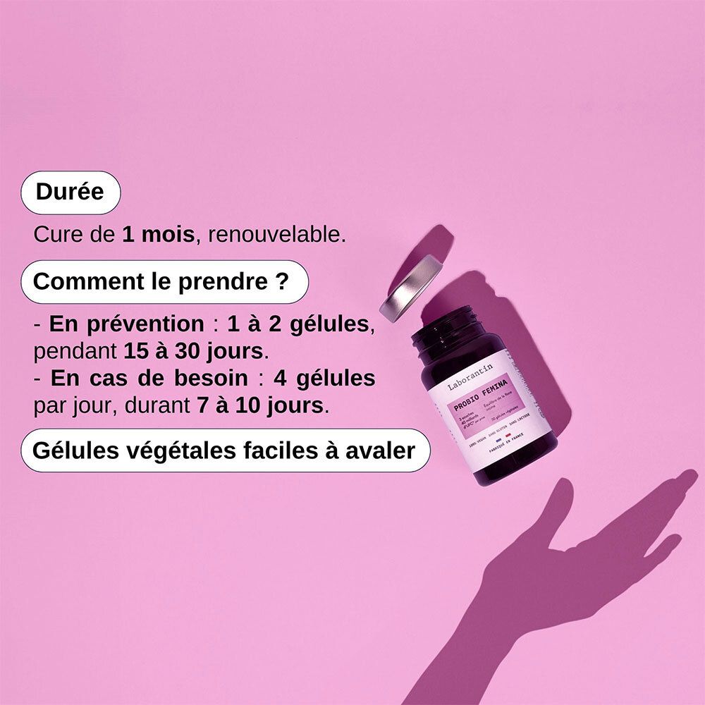 Conseils d'utilisation. Prise: 1-2 gélules pendant 15-30 jours, ou 4 gélules pendant 7-10 jours. Gélules végétales. Flacon et main à l'ombre.