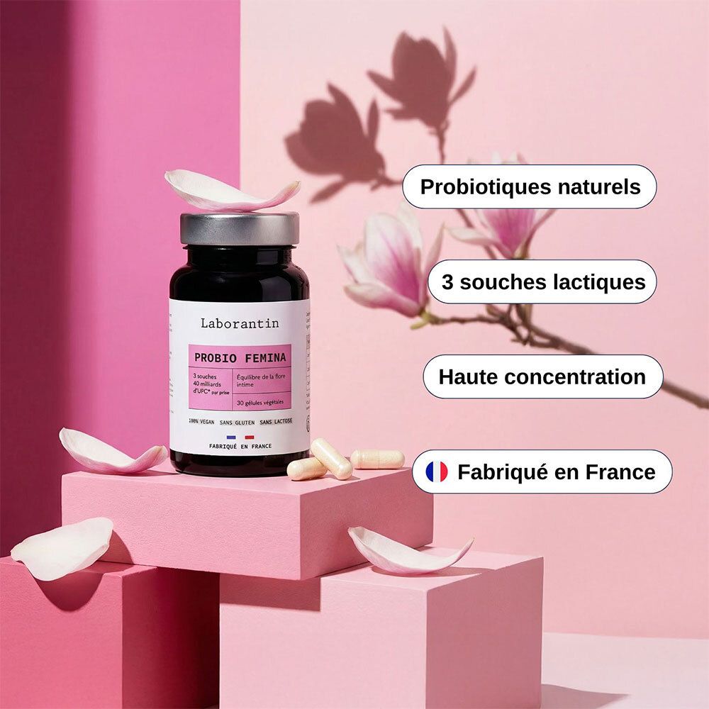 Flacon avec logos: Vegan, sans gluten, sans lactose, sans gélatine, sans OGM. Gélules à côté.