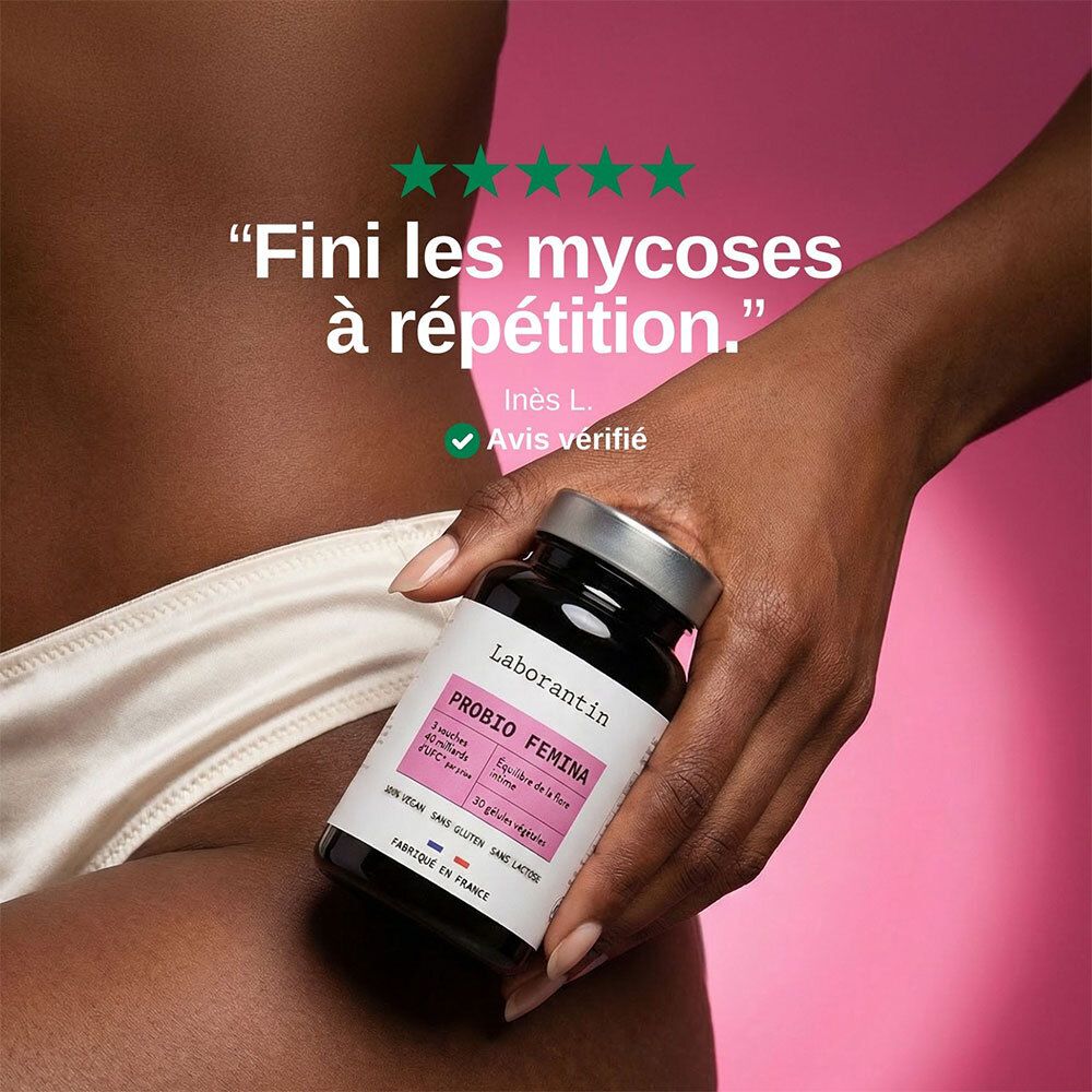 Main de femme tenant un flacon. Texte: « Fini les mycoses à répétition. » Inès L. Avis vérifié.