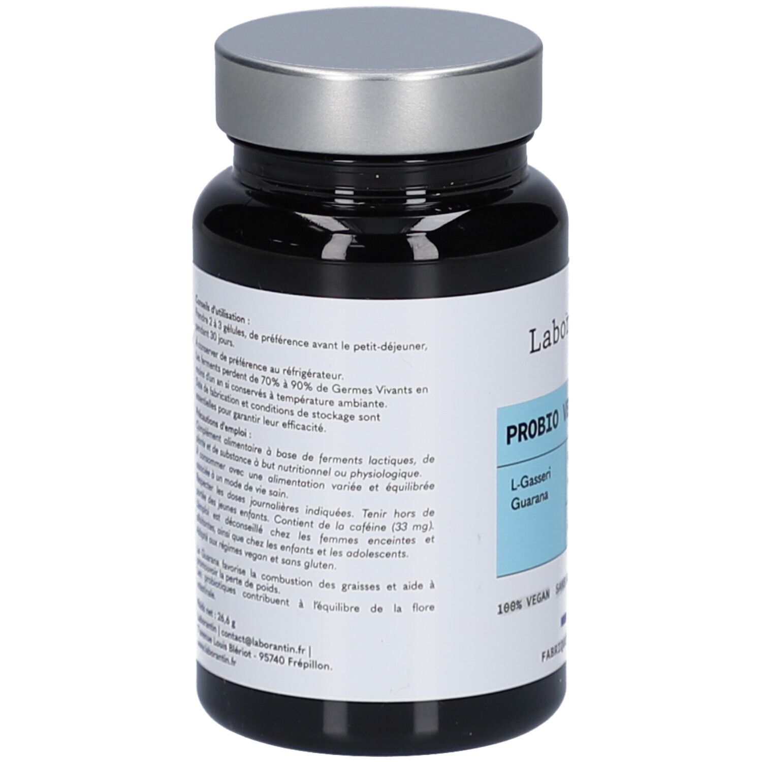 Dos du flacon noir avec bouchon argenté. Texte sur l'utilisation, les ingrédients et les avertissements. Marque Laborantin.