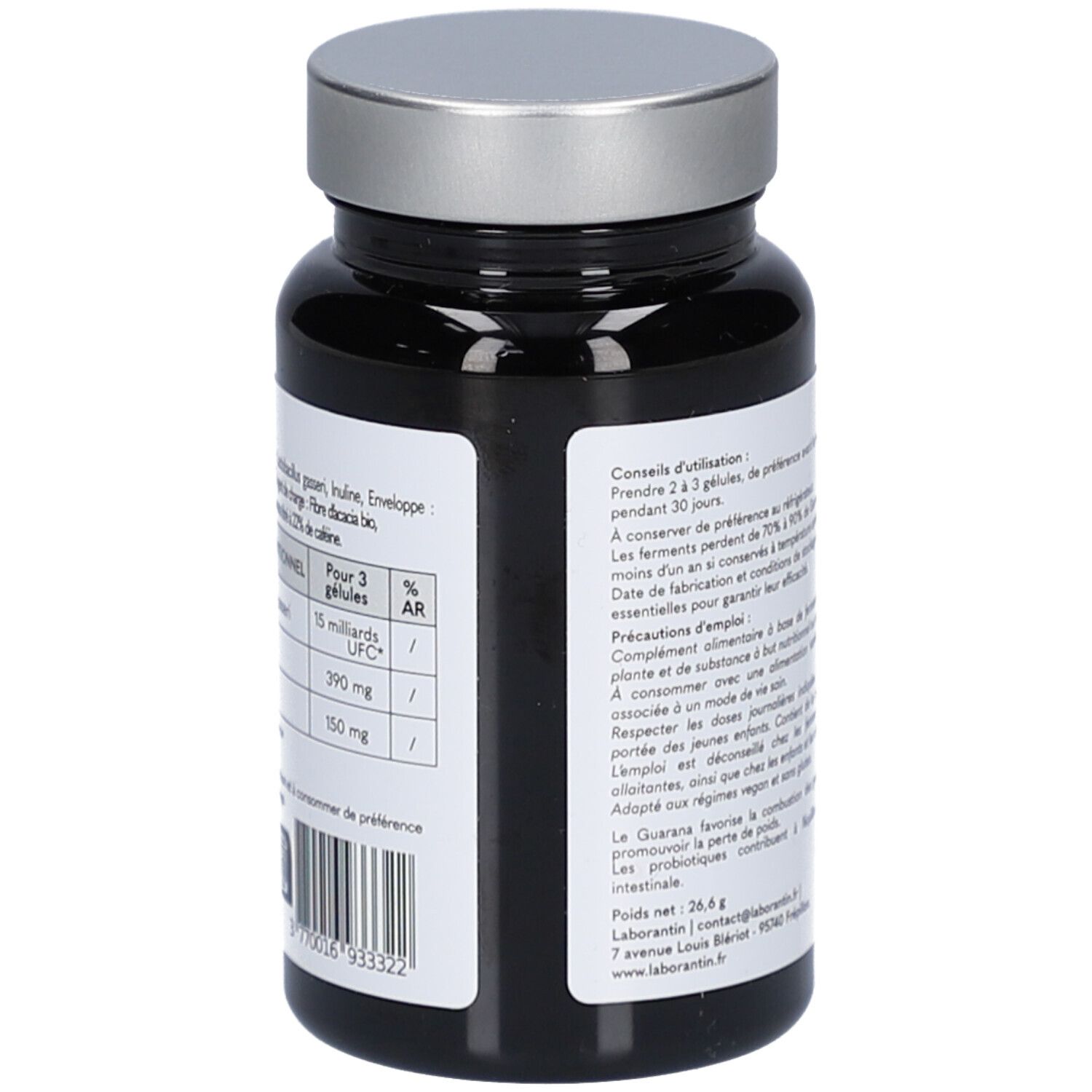 Dos du flacon noir avec bouchon argenté. Texte avec informations nutritionnelles. Marque Laborantin.