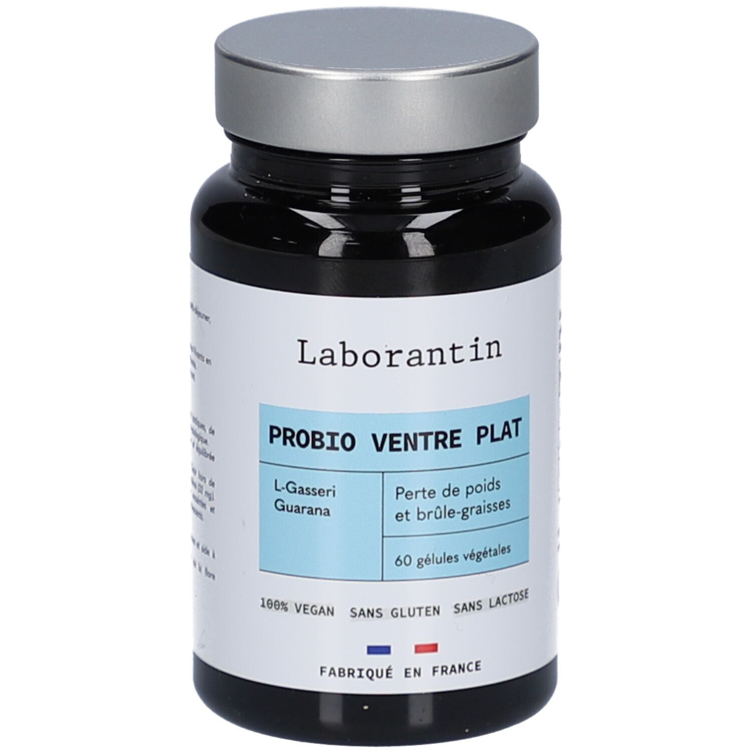 Flacon noir avec bouchon argenté. Inscription: Laborantin, PROBIO VENTRE PLAT, 60 gélules végétales. Vegan, sans gluten, sans lactose.