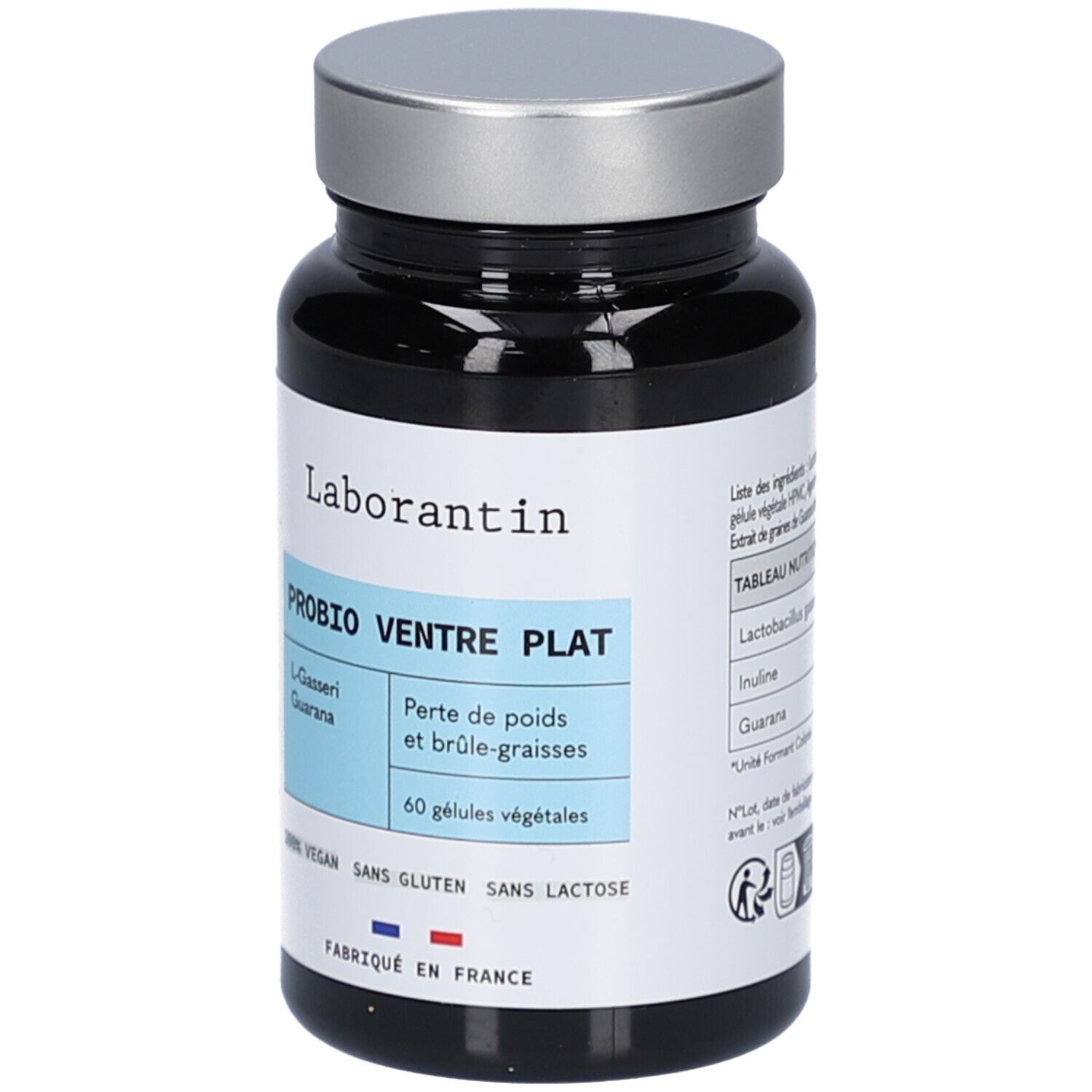 Flacon noir avec bouchon argenté. Inscription: Laborantin, PROBIO VENTRE PLAT, 60 gélules végétales. Vegan, sans gluten, sans lactose.