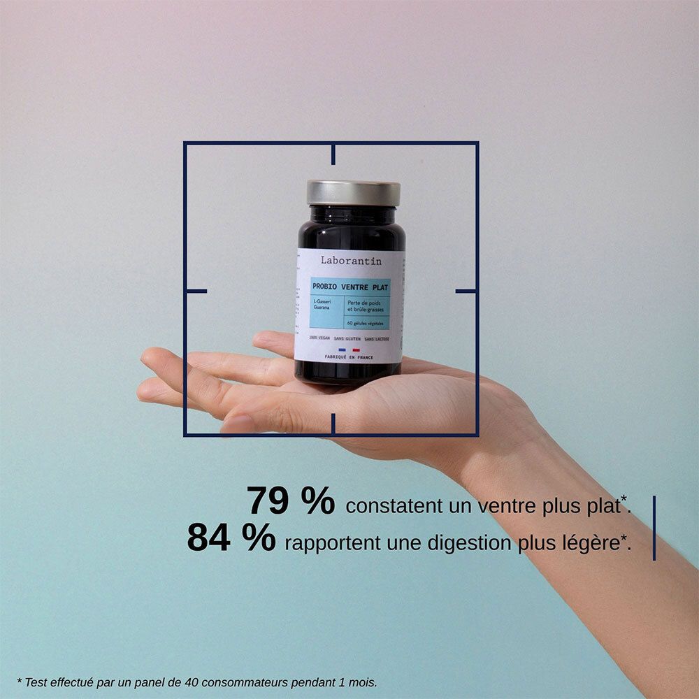 Main tenant un flacon. Texte: 79% constaten un ventre plus plat. 84% rapportent une digestion plus légère.