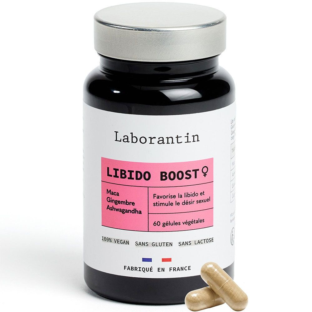 Flacon noir avec gélules. Inscription: Laborantin Libido Boost Frau. Contient Maca, Gingembre, Ashwagandha. 60 gélules végétales.