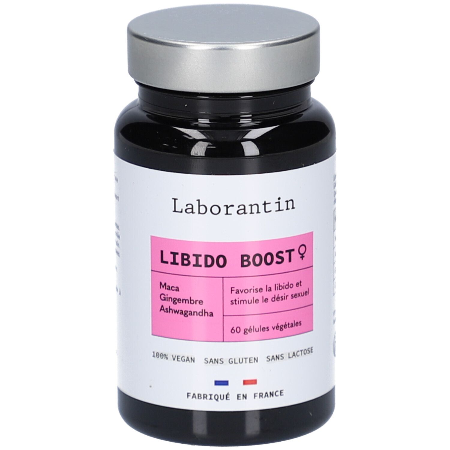 Flacon noir, bouchon argenté. Étiquette "Laborantin" et "LIBIDO BOOST ♀". Contient 60 gélules végétales.