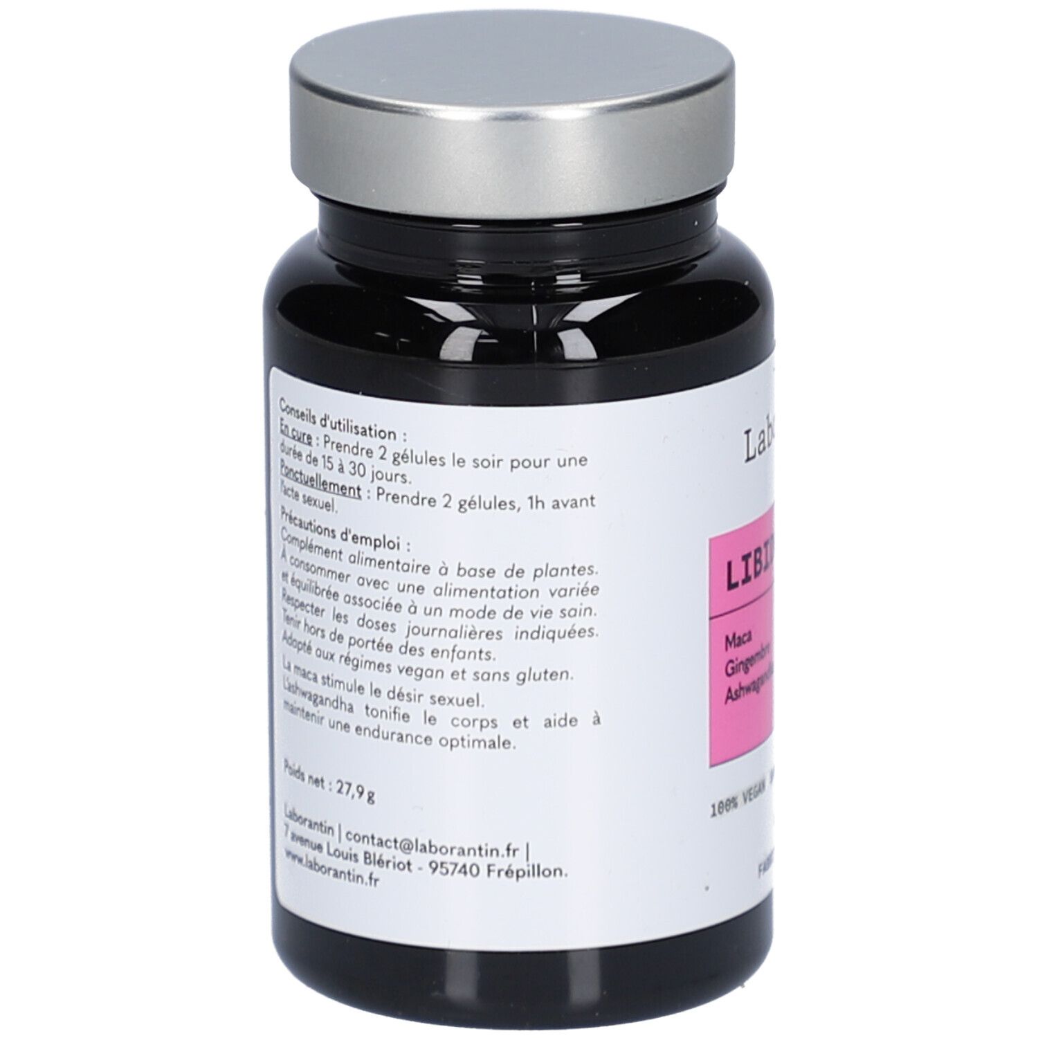 Vue arrière du flacon. Étiquette avec informations d'utilisation, ingrédients et coordonnées de Laborantin.