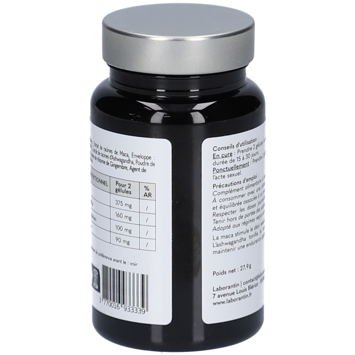 Gros plan du flacon. Étiquette avec informations nutritionnelles et ingrédients. Contient Maca, Gingembre et Ashwagandha.