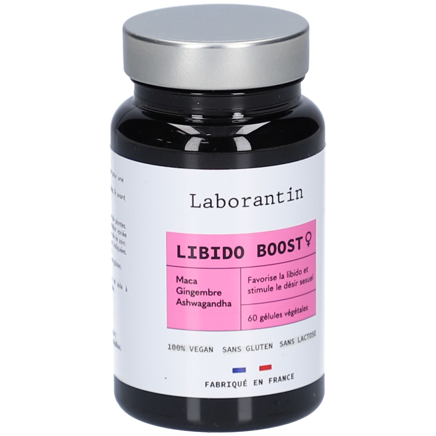 Flacon noir, bouchon argenté. Étiquette "Laborantin" et "LIBIDO BOOST ♀". Contient 60 gélules végétales.
