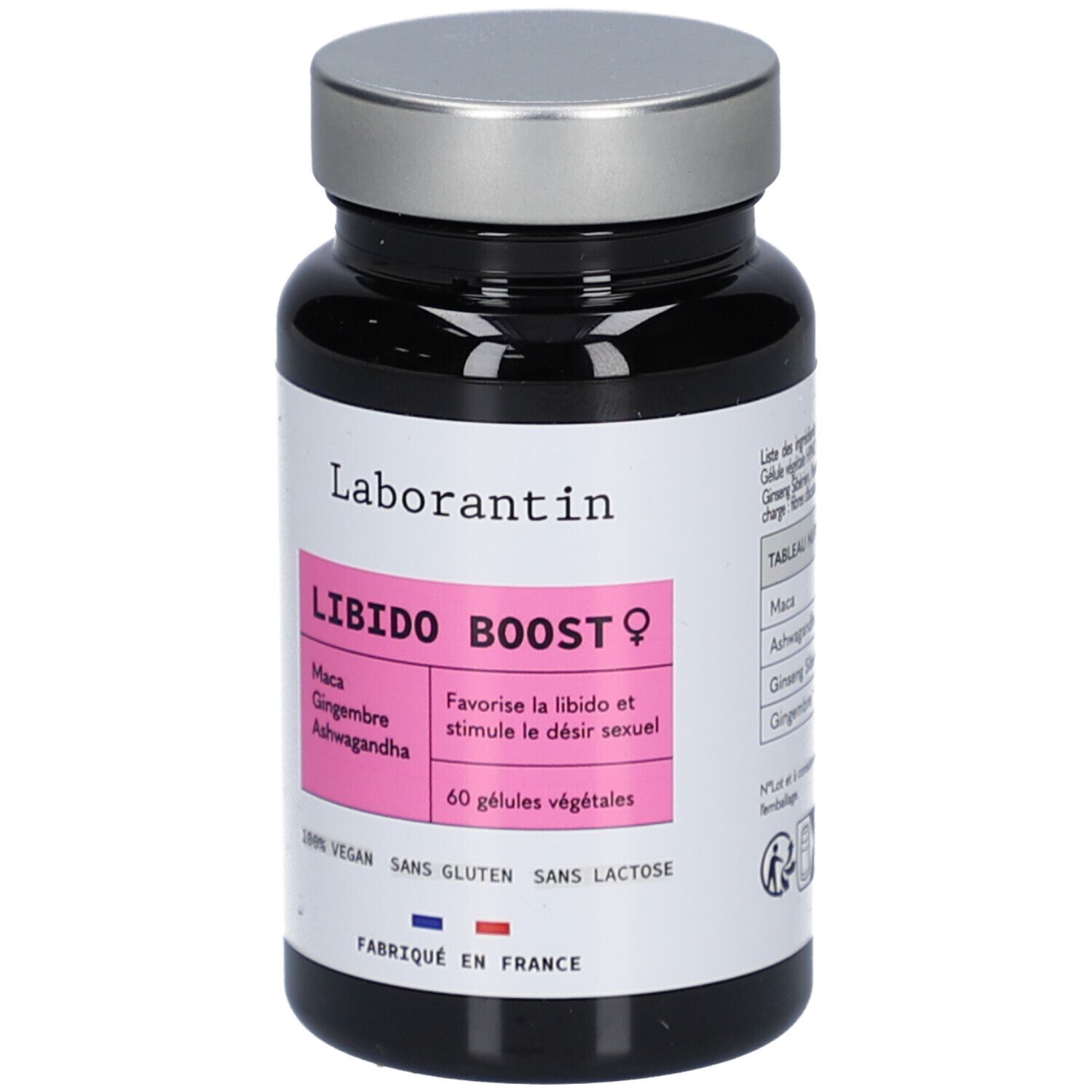 Flacon noir, bouchon argenté. Étiquette "Laborantin" et "LIBIDO BOOST ♀". Contient 60 gélules végétales.