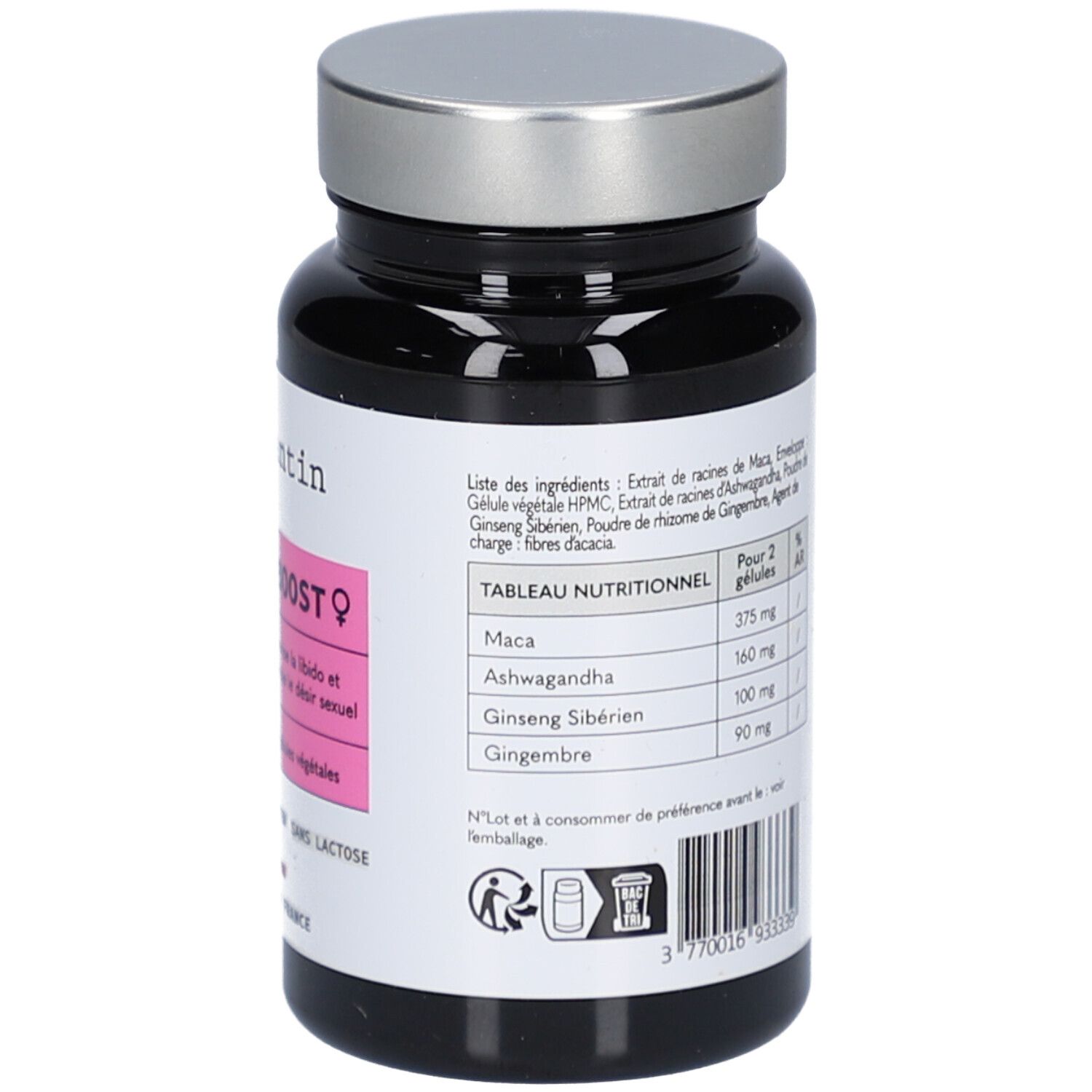 Vue arrière du flacon. Étiquette avec informations nutritionnelles et ingrédients. Contient Maca, Gingembre, Ashwagandha et Ginseng sibérien.