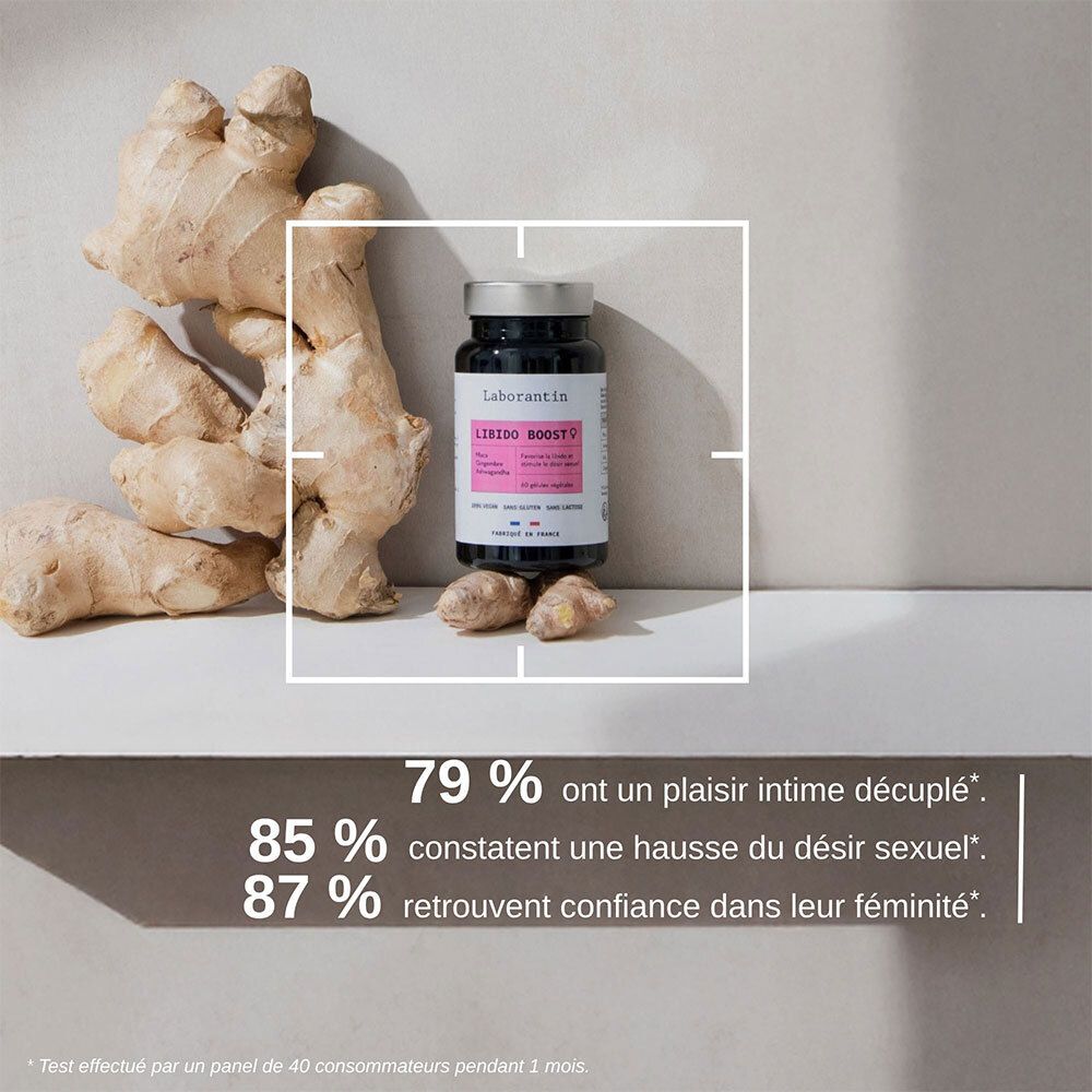 Flacon à côté de gingembre. Texte: 79% plus de plaisir intime, 85% plus de désir sexuel, 87% confiance en la féminité.