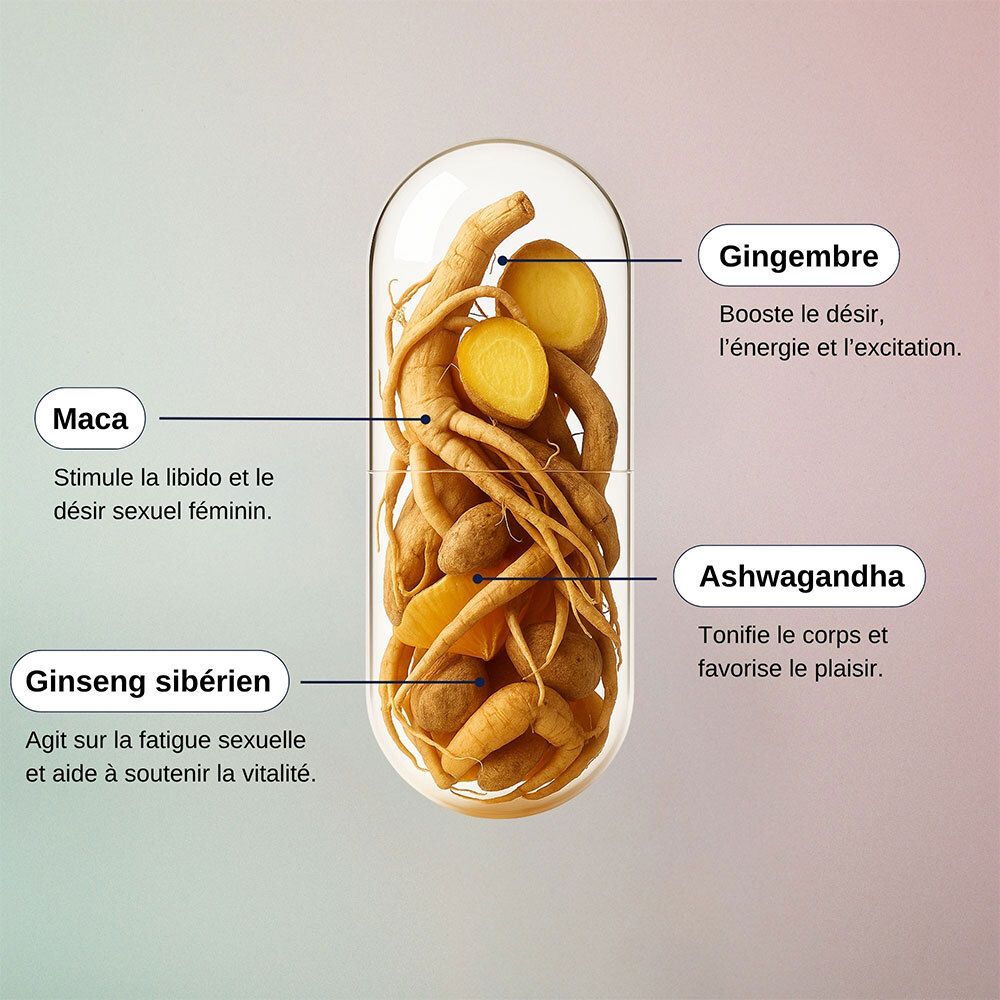 Gélule avec ingrédients: Gingembre, Maca, Ashwagandha, Ginseng sibérien. Inscriptions: Libido, énergie, excitation, fatigue sexuelle.