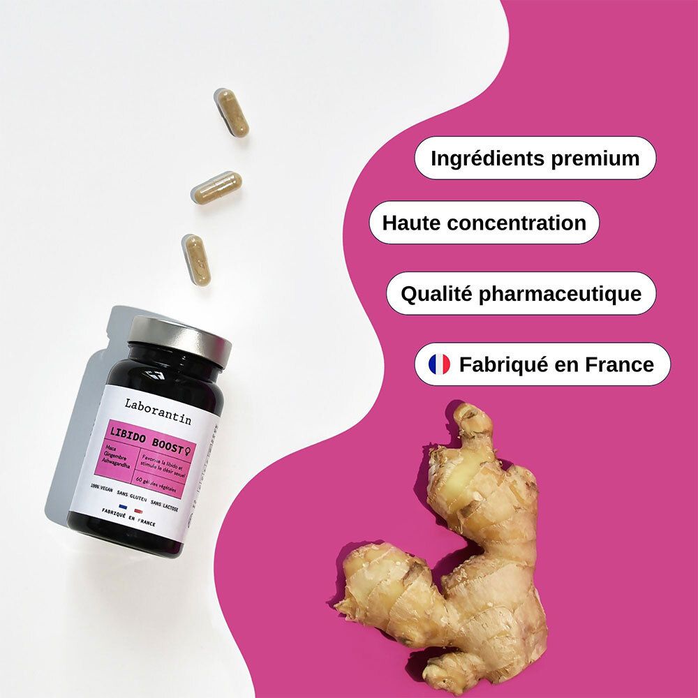 Flacon avec gélules et gingembre. Caractéristiques: Ingrédients premium, haute concentration, qualité pharmaceutique, fabriqué en France.
